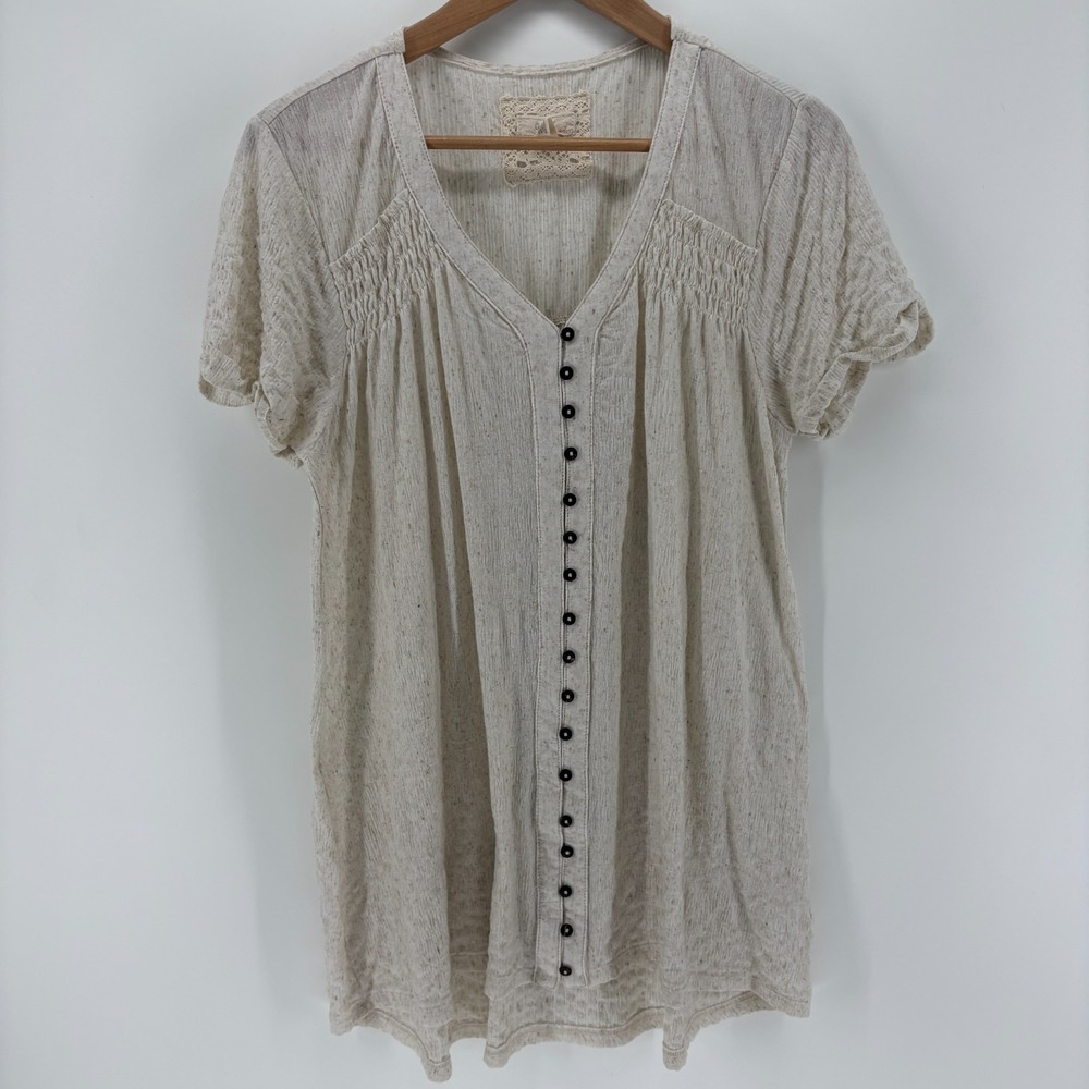 Cupio Linen Blend Boho Tunic Blouse Smocked Button Front Short Sleeve L